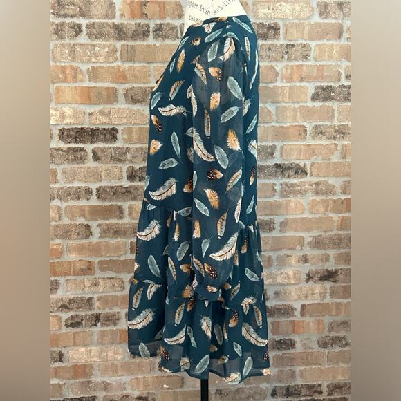 Loft green teal feather print button up dress long sleeve v neck size XS - Picture 3 of 10